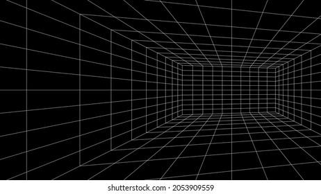 Grid room 3d. Perspective black background. Virtual reality, construction, interior design, technology and template. Vector illustration.