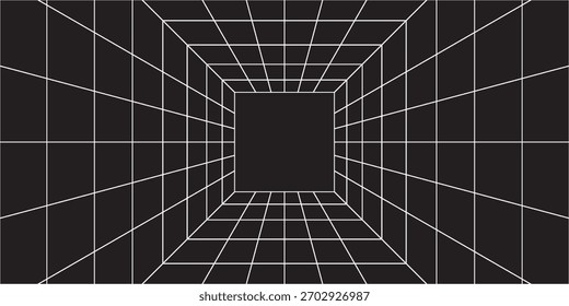Gitterraum 3d. Perspektivischer schwarzer Hintergrund. Virtuelle Realität, Konstruktion, Innenarchitektur, Technologie und Vorlage. Vektorgrafik.