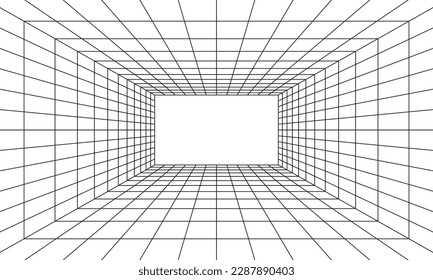 Grid room in perspective in 3d style. Indoor wireframe from black laser beam,  digital empty box. Abstract geometric design. Vector illustration