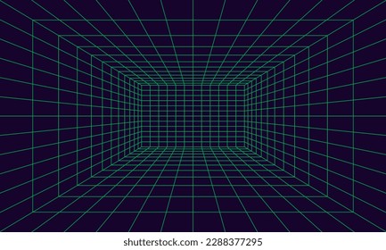 Cuadrícula en perspectiva con estilo 3d. Cableado interior de haz láser verde, caja vacía digital. Diseño geométrico abstracto. Ilustración del vector