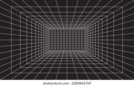 Cuadrícula en perspectiva con estilo 3d. Cableado interior de rayo láser blanco, caja vacía digital. Diseño geométrico abstracto. Ilustración del vector