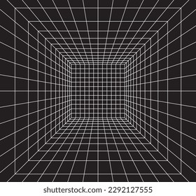 Grid room in perspective in 3d style. Indoor wireframe from white laser beam,  digital empty box. Abstract geometric design. Vector illustration