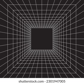 Grid room in perspective in 3d style. Indoor wireframe from white laser beam,  digital empty box. Abstract geometric design. Vector illustration
