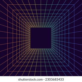 Grid room in perspective in 3d style. Indoor wireframe from rainbow laser beam,  digital empty box. Abstract geometric design. Vector illustration
