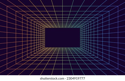 Grid room in perspective in 3d style. Indoor wireframe from rainbow laser beam,  digital empty box. Abstract geometric design. Vector illustration