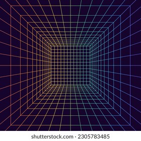 Grid room in perspective in 3d style. Indoor wireframe from rainbow laser beam,  digital empty box. Abstract geometric design. Vector illustration