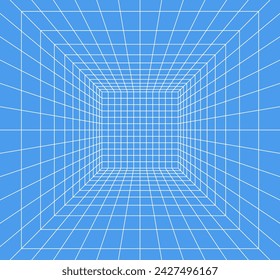 Grid room in perspective in 3d style. Indoor wireframe from white laser beam on  blue background, digital empty box. Abstract geometric design. Vector illustration