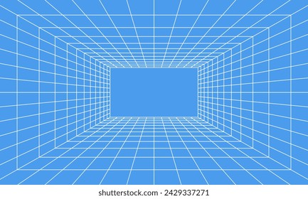 Grid room in perspective in 3d style. Indoor wireframe from white laser beam on  blue background, digital empty box. Abstract geometric design. Vector illustration