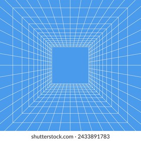 Grid room in perspective in 3d style. Indoor wireframe from white laser beam on  blue background, digital empty box. Abstract geometric design. Vector illustration