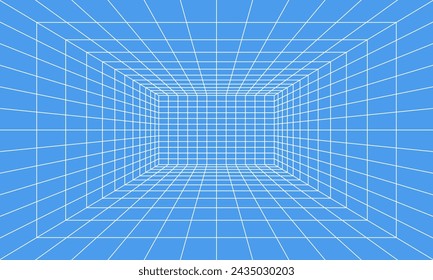 Rasterraum in Perspektive im 3D-Stil. Indoor-Drahtmodell aus weißem Laserstrahl auf blauem Hintergrund, digitale leere Box. Abstraktes geometrisches Design. Vektorgrafik