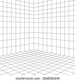 Espacio de cuadrícula en perspectiva, ilustración vectorial en estilo 3d. Marco de cables interior de líneas, cuadrado interior de plantilla, caja vacía digital. Resumen de fondo de diseño geométrico