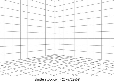 Grid room in perspective, vector illustration in 3d style. Indoor wireframe from lines, template interior square, digital empty box. Abstract geometric design background