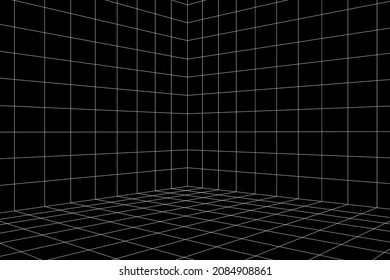 Grid room in perspective, vector illustration in 3d style. Indoor wireframe from lines, template interior square, digital empty box. Abstract geometric design background