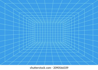Grid room in perspective, vector illustration in 3d style. Indoor wireframe from blue lines, template interior square, digital empty box. Abstract geometric design background