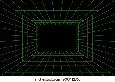 Grid room in perspective, vector illustration in 3d style. Indoor wireframe from green laser beam, template interior square, digital empty box. Abstract geometric design on black background