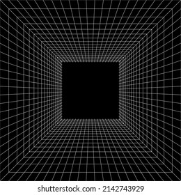 Espacio de cuadrícula en perspectiva, ilustración vectorial en estilo 3d. Marco de cables interior de líneas blancas, cuadrado interior de plantilla, caja vacía digital. Resumen de fondo de diseño geométrico