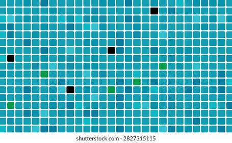 Grid of rounded square tiles in various shades of blue with occasional highlighted black and green tiles in a modern pattern.