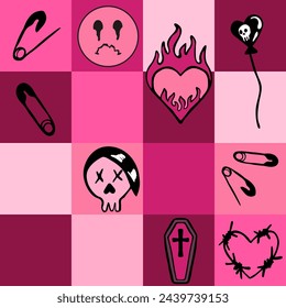 Grid seamless pattern with emo elements in black and acid pink colors. Emo attributes, skulls, sad emoticons, hearts, emoboy, barbed wire, coffin