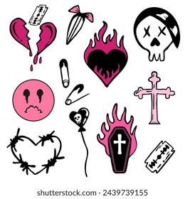 Grid seamless pattern with emo elements in black and acid pink colors. Emo attributes, skulls, sad emoticons, hearts, emoboy, barbed wire, coffin