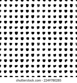 Grid seamless pattern with halved circles. Abstract geometric background with spots in a row. Vector black and white ornament with grunge dots or circles silhouettes. Dry brush texture. 