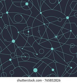 Grid seamless pattern with random geometric shapes and lines, vector repeat background for web and print