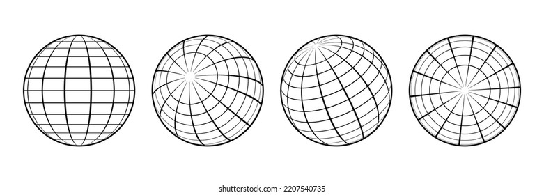 Grid, set of wireframe spheres, globes. Vector illustration