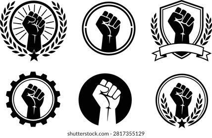 Grid sheet of six solid black flat vector raised fist logos on white background - top row: fist with sunburst and laurel wreath and star, fist in double circle badge