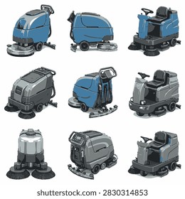 A grid showcasing different models of industrial floor scrubbers and cleaning equipment, highlighting their diverse designs and functions for commercial use.