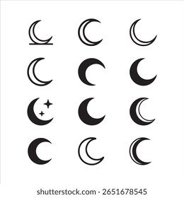 A grid showcasing various black crescent moon shapes and two celestial star elements.