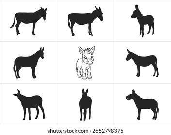 A grid showing donkey silhouettes, with a central cute, cartoon donkey. High contrast black and white creates a playful, educational visual.