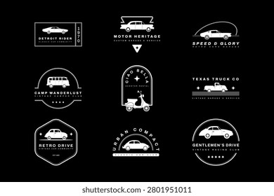 A grid shows nine distinct white retro vehicle logos on a black background.
