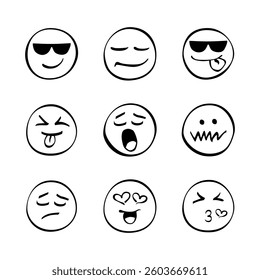 A grid shows nine emoticons illustrating a range of feelings from joy and love to sadness and surprise. These symbols showcase expressive faces commonly utilized in online chats.