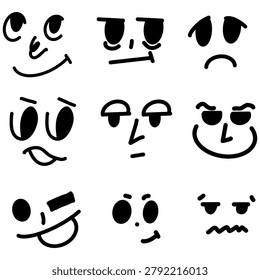 A grid of simple black doodle faces showing various expressions happy, surprised, sad, smug, confused, and goofy, on a white background.