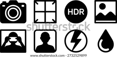 A grid of simple black icons on a clean white background, showcasing camera, HDR, landscape, portrait, and flash symbols.