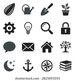 A grid of simple black and white icons depicting diverse items like a sunflower seed, watering can, trowel, potted plant, gear, lightbulb, magnifying glass, padlock, speech bubble, envelope, house, t.
