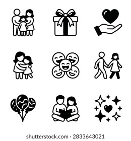 A grid of simple black and white icons depicting various aspects of love, family, and happiness, including people, gifts, and symbols.