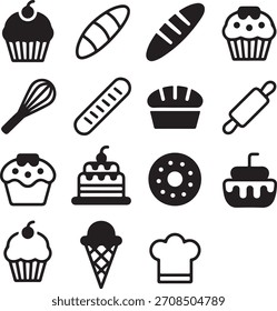 Una cuadrícula de simples iconos de arte de líneas en blanco y negro que representan varios productos horneados y herramientas para hornear.