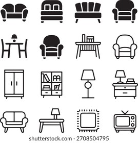 Una cuadrícula de iconos de línea de arte simples, en blanco y negro que representan varias piezas de muebles y artículos de decoración para el hogar.