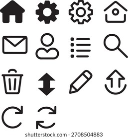 Una cuadrícula de simples iconos de arte de líneas en blanco y negro que representan funciones comunes como el hogar, las Configuraciones, el correo, el usuario, la búsqueda y más.