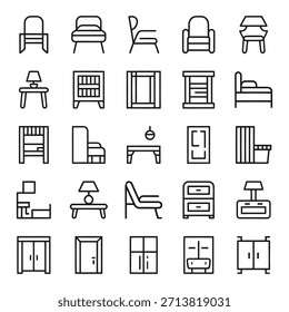 Una cuadrícula de simples dibujos de líneas en blanco y negro que representan varios artículos de muebles y Elementos de decoración para el hogar.