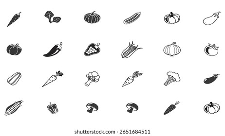 A grid of simple, clean silhouette icons representing different vegetables. Each vegetable is clearly depicted with its distinctive shape, isolated on a plain white background.