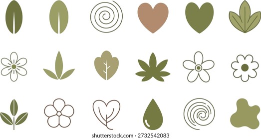 A grid of simple, flat vector icons featuring various leaves, flowers, hearts, water droplets, and organic swirl shapes in muted, earthy colors.