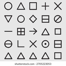 Una cuadrícula de Formas geométricas simples y símbolos en negro sobre un fondo gris claro, dispuestos en filas y columnas.