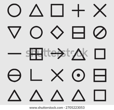 A grid of simple geometric shapes and symbols in black on a light gray background, arranged in rows and columns.