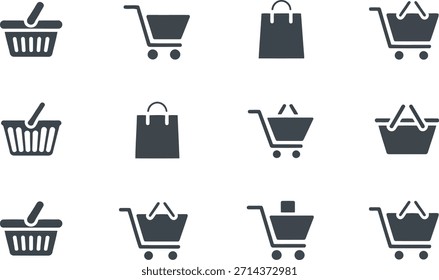 Cuadrícula de Carritos de compras, cestas y bolsos grises simples, perfectos para el comercio minorista, el comercio electrónico y las interfaces de compras en línea.