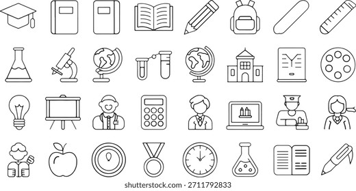 Una cuadrícula de iconos simples dibujados a mano en blanco y negro que representan varios elementos y conceptos educativos y relacionados con la escuela.