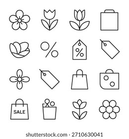 A grid of simple, hand-drawn line art icons featuring flowers, shopping bags and sale tags.