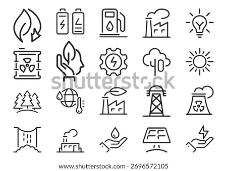 A grid of simple, hand-drawn line art icons illustrating various energy sources, environmental symbols, and industrial elements.
