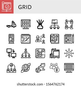 grid simple icons set. Contains such icons as Network, Tow truck, Grid, Diffuser, Guidepost, Sketchbook, Sudoku, Tic tac toe, Pesticide, Networking, can be used for web, mobile and logo