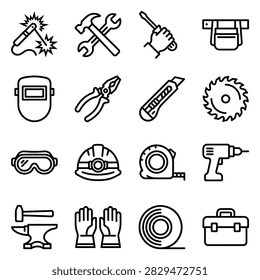A grid of simple line art icons representing various tools and safety gear for construction and industry.